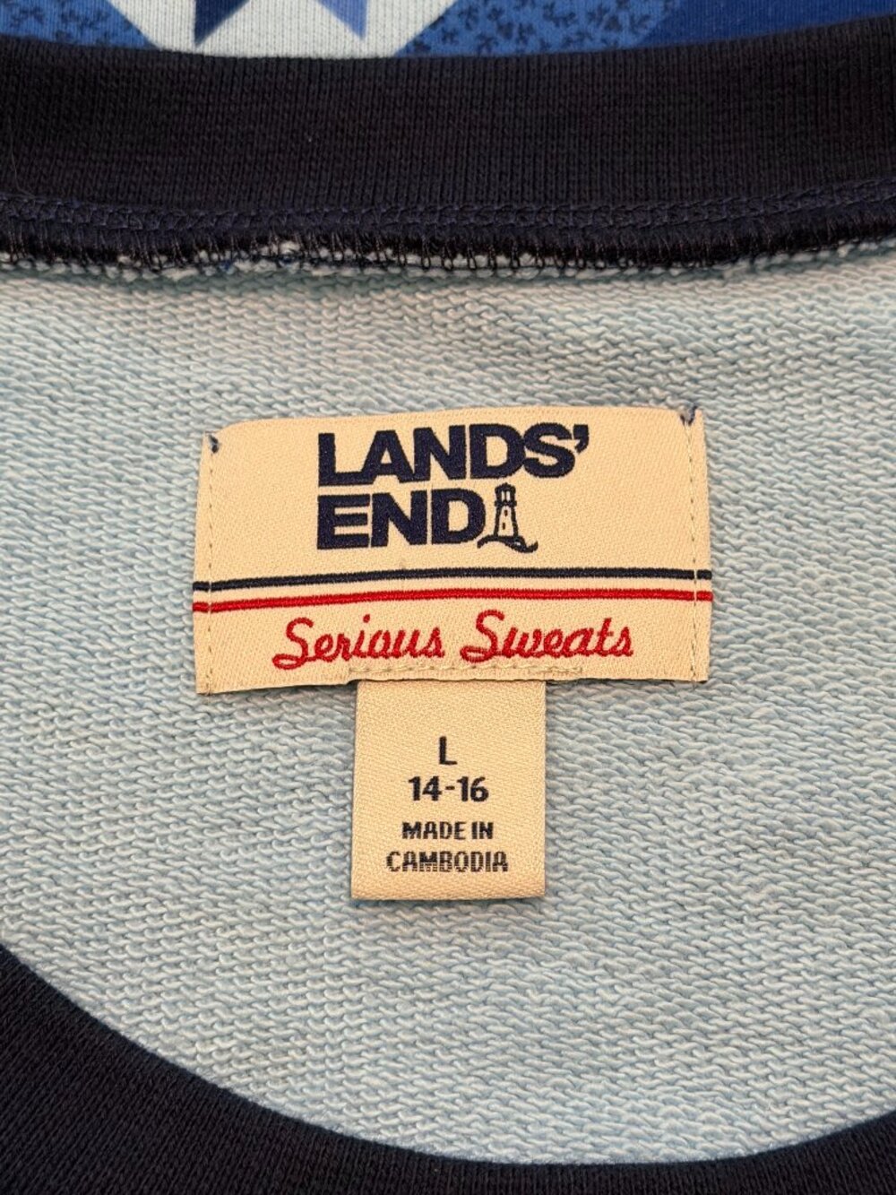 Lands End Blue Geometric Patchwork Serious Sweats Crewneck L - Picture 7 of 9